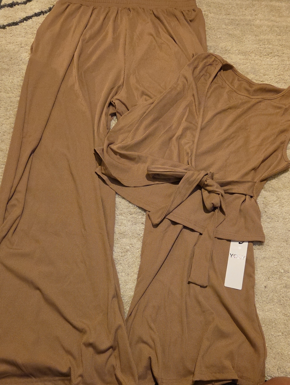 Wide Leg Ribbed Jumpsuit with Tie Waist - Taupe